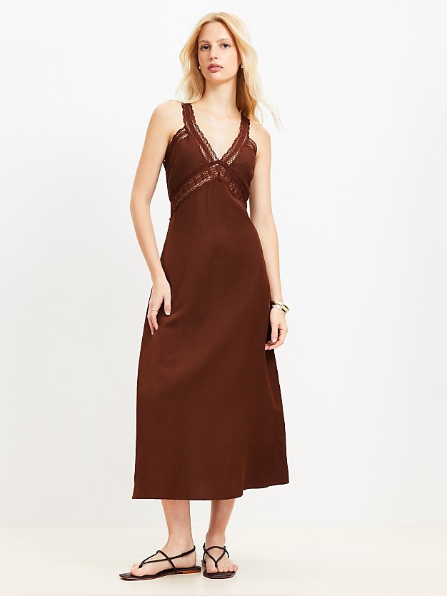 Nwt Loft Lace Trim Linen Blend Midi Dress - Brown/Baked Pecan Size 4